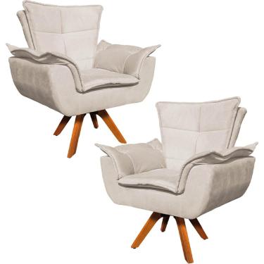 Imagem de Kit 2 Poltronas Decorativas Base Giratória em Madeira Charger Suede Bege - Gran Belo