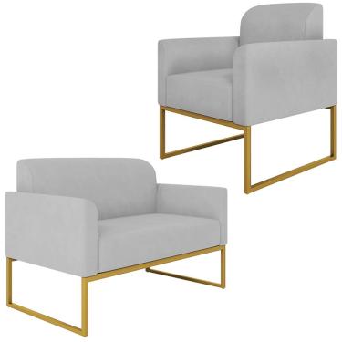 Imagem de Conjunto Namoradeira e Poltrona Decorativa Isabella Base Industrial Suede Cinza/Dourado - Gran Belo