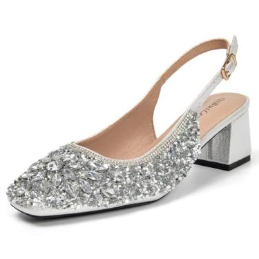 Imagem de qibusleen Sapato feminino elegante com glíter, bico quadrado fechado com strass, bico baixo, grosso, brilhante, elegante, tira no tornozelo, salto alto para mulheres, festa de casamento, formatura