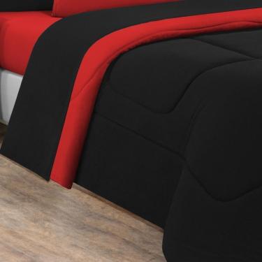 Imagem de Kit Edredom + Jogo De Lençol Malha 100% Algodão Gran Moratta 7 Peças King - Preto-vermelho