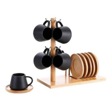 Imagem de Conjunto Oásis Preto 6 Xícaras de Café 90ml com Pires e Suporte Elegan