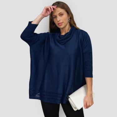 Imagem de Poncho Feminino Tricô Lã Gola Alta Quente Inverno Estilo - GIP, Marinh