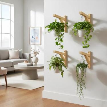 Imagem de Kit com 4 Suportes Mão Francesa Rústica em Madeira para Vasos de Plant