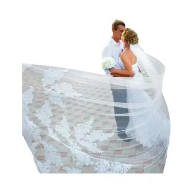 Imagem de Véu De Noiva Longo 3M Com Renda Catedral E Pente - Acessório De Casame