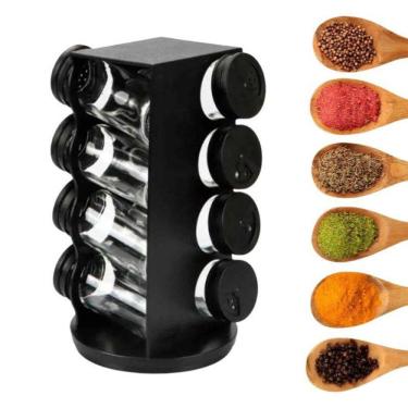 Imagem de Porta Condimentos Preto 08 Potes De 80Ml Suporte Giratório