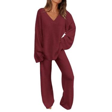 Imagem de Conjunto de Lounge PRETTYGARDEN Suéteres Dos Piezas Rojo Vino Talla S