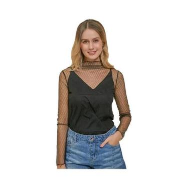 Imagem de Blusa Feminina Sexy de Renda com Manga Longa - Gola Listrada com Bolin