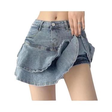 Imagem de Saia Jeans Feminina De Cintura Alta Com Stretch, Antideslizante, Efeit