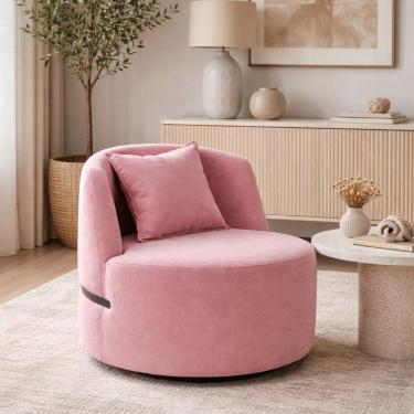 Imagem de Poltrona Giratória para Sala de Estar em Veludo com Molas Ensacadas Laila Rosa/Preto