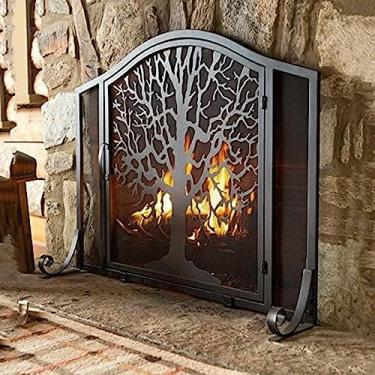 Imagem de Tela De Lareira De Ferro Forjado Com Portas Articuladas Com Pergaminho, Proteção Contra Faísca De Fogo De Malha De Aço Metálico Para Decoração De Sala De Estar, Design De Árvore, 37,7 × 29,86 Pole