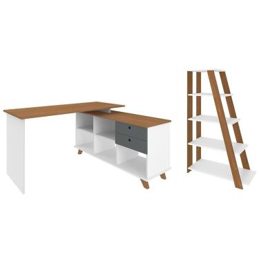 Imagem de Mesa Escrivaninha Em L Golden E Estante Livreiro Stela A06 Branco/freijó/grafito - Mpozenato