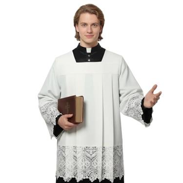 Imagem de ANDHOM Conjunto de vestimenta de clero católico premium elegante sobrepeliz branco com detalhes de renda plissada, Branco, XXG