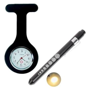 Imagem de Relógio Lapela Silicone Enfermagem Preto E Caneta Lanterna com luz amarela