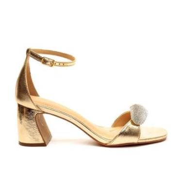 Imagem de Sandália Salto Bloco em Couro Dourado Com Enfeite de Strass Cecconello-Feminino