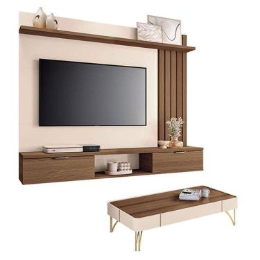Imagem de Painel Suspenso Lets Castanho Off White Com Mesa De Centro Cadenza Off White Castanho - Hb Móveis