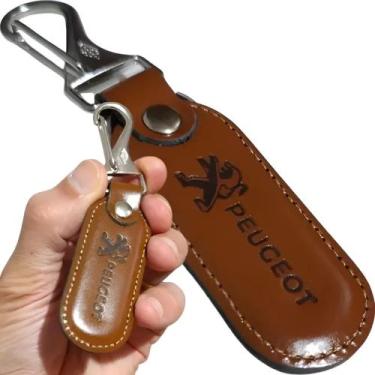 Imagem de Chaveiro Peugeot Marrom Couro Mosquetão Acessório Chave Carro Bolsa Pr