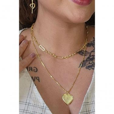 Imagem de Colar Duplo Floratta Joias com Pingente de Coração Banhado em Ouro 18k 40CM Dourado Feminino