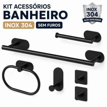 Imagem de Kit Acessórios Banheiro Inox 6 Peças Sem Furo Fixação Adesiva 3M Porta