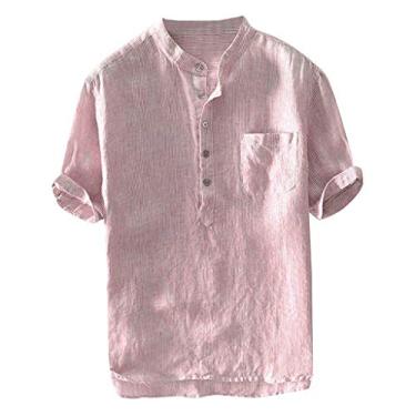 Imagem de Camisetas masculinas com bolso de algodão, folgada, de linho, manga curta, listrada, com botões, blusa masculina, Vermelho, Large