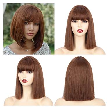 Imagem de Perucas femininas sintéticas perucas curtas retas com franja para mulheres, preto, rosa, roxo, vermelho, natural, cabelo humano (cor: 10-12-30, comprimento esticado: 35,5 cm)