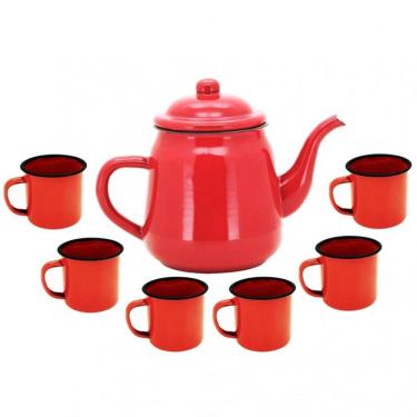 Imagem de Kit Agata Esmaltada Vermelho Com 1 Bule 1 Litro E 6 Canecas
