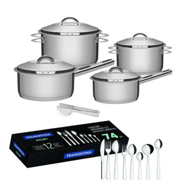 Imagem de Kit Jogo de Panelas Tramontina Aço Inox Solar 4 peças com pegador de massa + Faqueiro Aço Inox Tramontina Malibu 74 peças