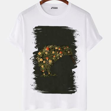 Imagem de Camiseta masculina Perfil Passaro Kiwi Flores Floral Camisa Blusa Branca Estampada
