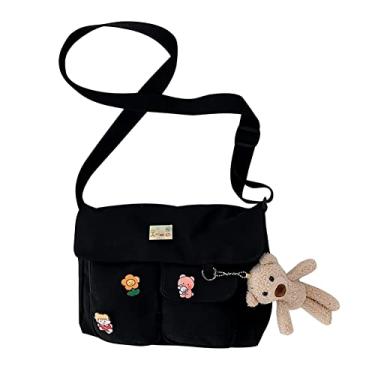 Imagem de Generic Bolsas mensageiro para meninas, bolsa transversal de lona com Kawaii, Preto, 30CM*23CM*9CM
