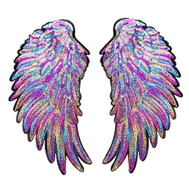 Imagem de Bonarty Adesivos coloridos de lantejoulas, asas de anjo, aplique de passar a ferro, asas brilhantes para decoração de jaquetas (1 par)