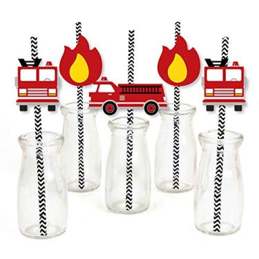 Imagem de Caminhão de bombeiros Fired Up – Decoração de palha de papel – Canudos decorativos listrados para chá de bebê ou festa de aniversário – Conjunto com 24