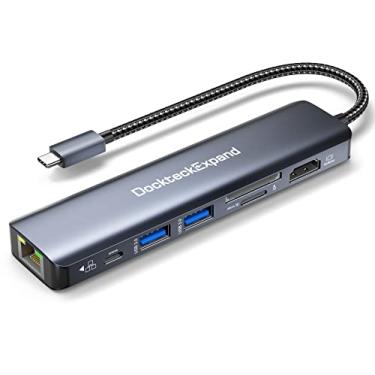 Imagem de Adaptador multiportas USB C Hub, DockteckExpand 7 em 1 Hub C com 4K 60Hz HDMI, 1Gbps Ethernet, 100W PD, 2 portas USB 3.0, compartimentos para cartão SD/TF para MacBook Pro, MacBook Air, iPad Pro, Surface, Steam Deck