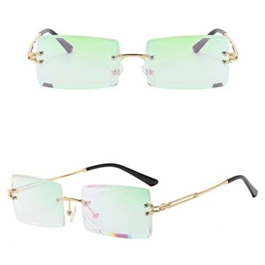 Imagem de Óculos de sol sem aro quadrado pequeno luxo tendência vintage óculos de sol para mulheres/homens estilo gradiente de metal sombra retangular, filme verde dourado C11, tamanho único