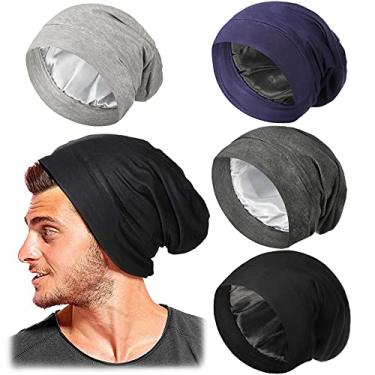 Imagem de 4 peças de touca de dormir forrada com cetim com frizz, touca de cabelo, gorro ajustável, gorro despojado, chapéu para dormir à noite, chapéus com frizzy para mulheres e meninas (preto,