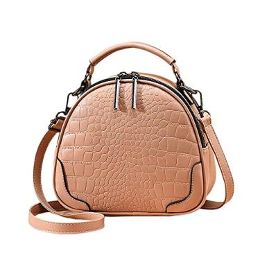 Imagem de Bolsa transversal feminina com alça superior de couro redondo de crocodilo, bolsa de ombro casual, Caqui