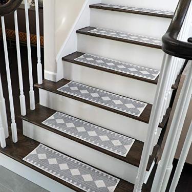 Imagem de SussexHome Diamond Design 22,86 cm x 71,12 cm – 70% algodão antiderrapante tiras de tapete para escadas internas – fácil de instalar com fita adesiva dupla, aderência extra, pacote com 4 - cinza