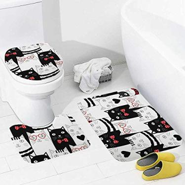 Imagem de Conjunto de tapetes e tapetes de banheiro 3 peças preto e branco, tapete de banheiro de espuma viscoelástica lavável antiderrapante tapete e tampa para banheiro