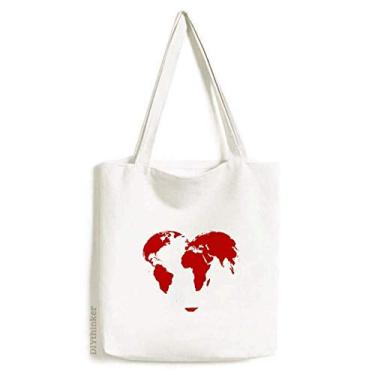 Imagem de Bolsa de lona com mapa múndi vermelho coração dia dos namorados bolsa de compras bolsa casual