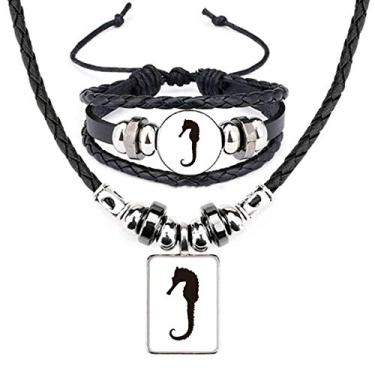 Imagem de Hippocampus Marine Life Conjunto de joias de couro com silhueta preta