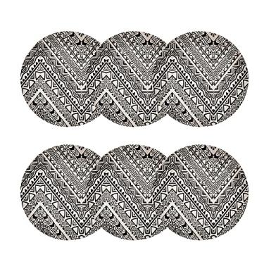 Imagem de Jogo 06 Prato Raso de Mesa Refeicao em Fibra de Bambu 25cm Ecologico Desenho Etnico Preto e Branco