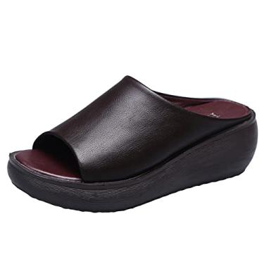 Imagem de Sandálias de cunha para mulheres retrô cor sólida primavera e verão novo padrão simples sandálias anabela confortáveis sapatos de sola macia (marrom, 7)