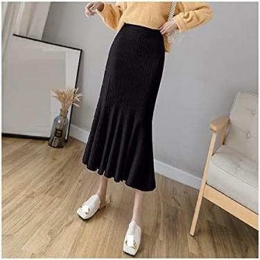 Imagem de Saia Fishtail Feminina Malha - Saia Envoltória De Quadril Apertada Saia Midi Comprimento Da Panturrilha, Elegante Bainha Fishtail Saia Longa, Saia De Tricô Grossa De Inverno Para Senhoras,Preto,Um