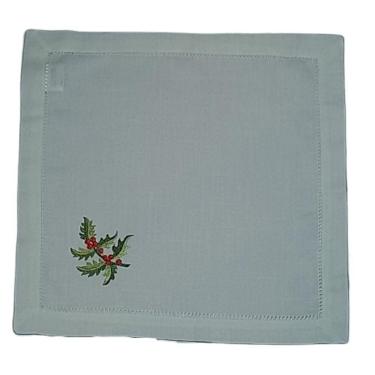 Imagem de Guardanapo De Linho Natal Branco Bordado Com Azevinho 45x45 Cm