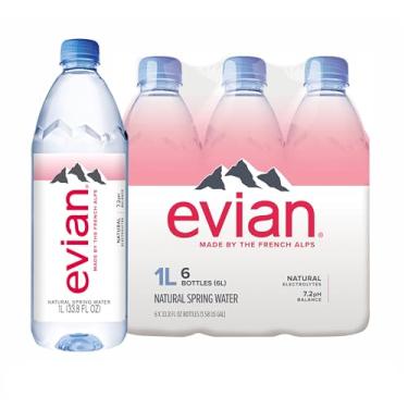 Imagem de Água de mola natural da Evian, frascos de água premium de 1 litro, 85 ml (pacote com 6)