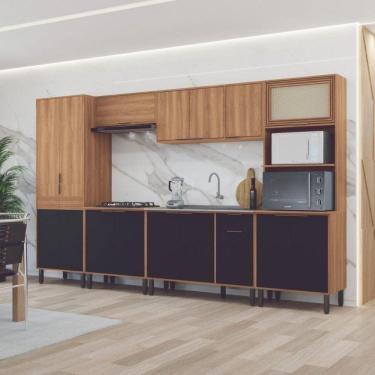 Imagem de Cozinha Modulada 6 Peças 14 Portas 1 Gaveta Thalita Moveis Sul Nogal Manchester/Preto