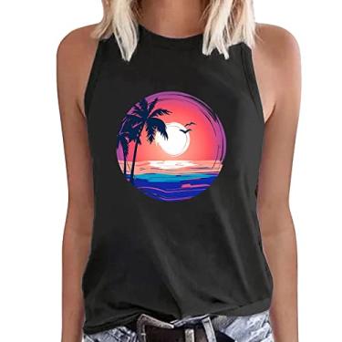 Imagem de HawaiianShirts for Women Sunset Print Summer Tank Tops Sem Mangas Casual Solto Camiseta Blusa, #03 Preto, GG