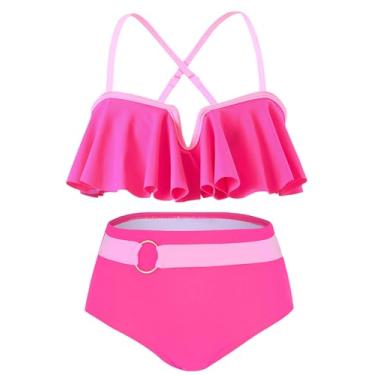 Imagem de SEAUR Conjunto de biquíni para meninas, roupas de banho havaianas para crianças, 2 peças, biquíni de praia, piscina, roupa de banho infantil, Vermelho rosa, 4-5T