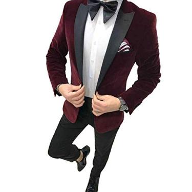 Imagem de Sxfashbrd Blazer masculino de veludo slim fit jaquetas smoking gótico steampunk vitoriano casaco casaco terno para homens, Vinho vermelho/B, 5XG