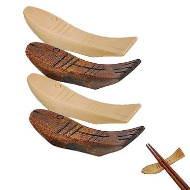 Imagem de 4 peças de madeira natural pauzinhos descanso talheres faca garfos colher suporte de serviço de jantar (J127)