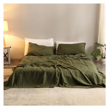 Imagem de Jogo de cama 100% linho, 4 peças, 1 lençol de cima, 1 lençol com elástico alto, 2 fronhas, jogo de cama de linho (verde Reino Unido solteiro 3 peças)