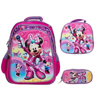 Imagem de Kit Mochila Infantil Feminina Minnie Mouse 3D Com Lancheira